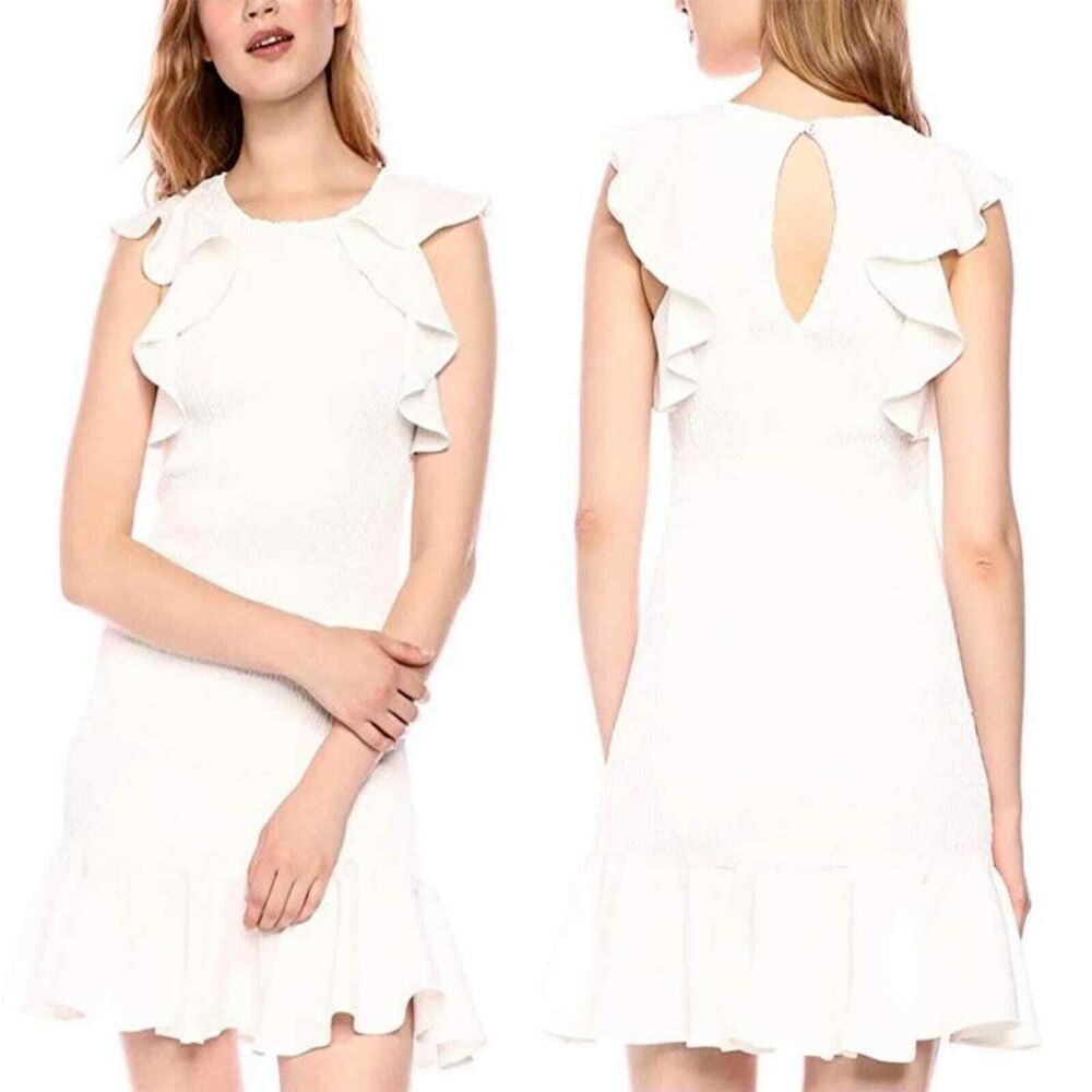 C/Meo Collective Women's Expired Sleeveless Ruffle Smocked White Dress Size 8